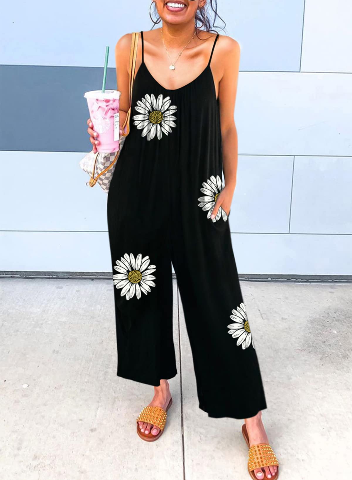 Happy Sailed Jumpsuits for Women Summer Sleeveless Sunflower Print Jumpsuits Wide Leg Long Pants Rompers One Piece Outfits Black Small