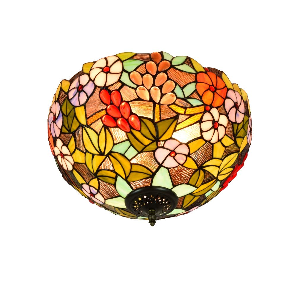 HPTHLY Stained Glass Ceiling Lighting 40Cm Tiffany Style Ceiling Lamp Classic Art Stained Galss Ceiling Lamp Fixture Indoor Ceiling Lamps And Lanterns For Bed Aisle Ba
