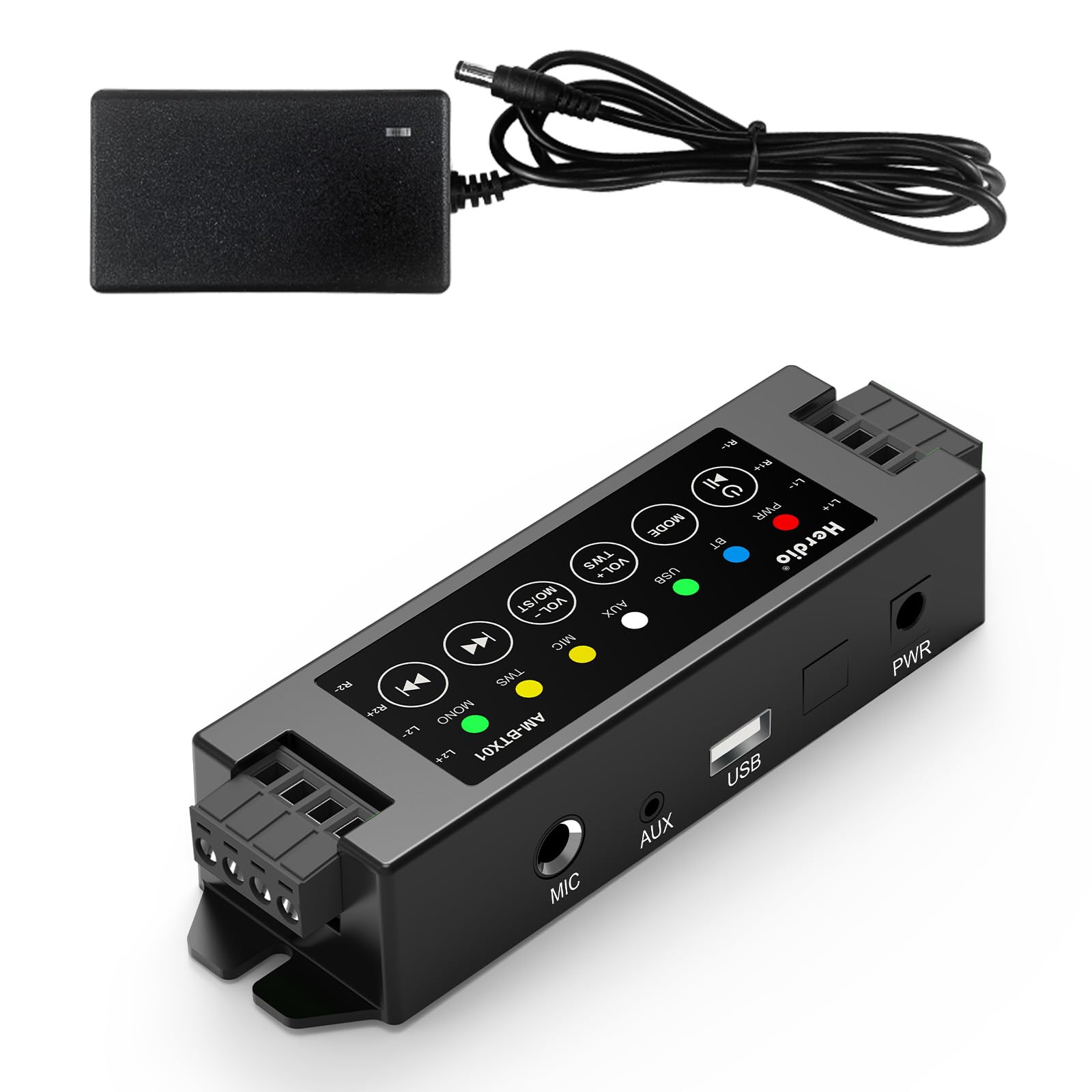 Herdio 4-kanałowy wzmacniacz Bluetooth 5,0 A, odbiornik 200 W, moc wyjściowa z zasilaczem AC-DC 19 V 3 A, montaż na ścianie, USB/MIC/AUX/TWS, do domu/garażu/sufitu/pasywnych głośników (40 W każdy