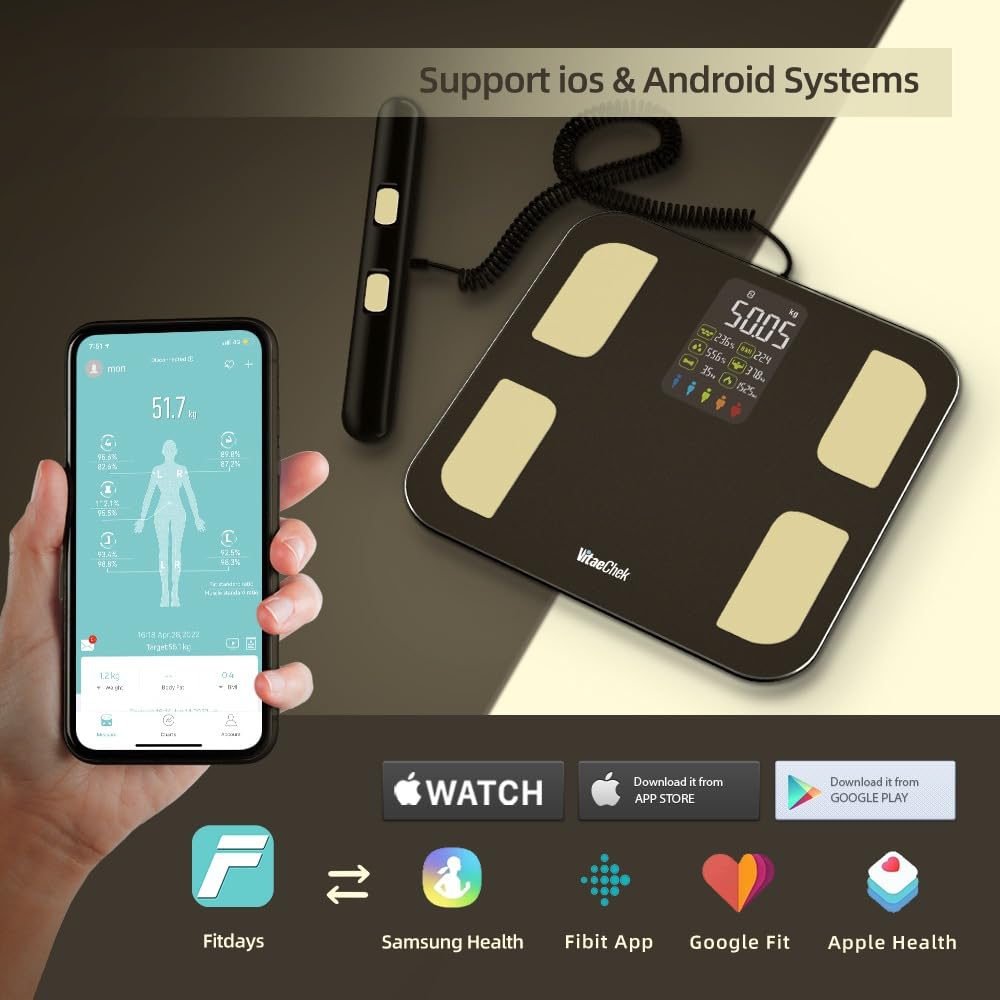 Bilance intelligenti per grasso corporeo VitaeChek - Bilancia connessa Bluetooth 8 elettrodi - Alta precisione con app inclusa - 18 parametri sanitari - BMI, monitoraggio della massa muscolare e ossea