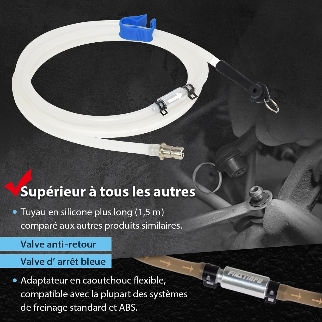 FIRSTINFO A1151G | Durite de Purge de Frein 1,5M avec Clapet Antiretour | Compatible avec FIRSTINFO Purgeur de Frein