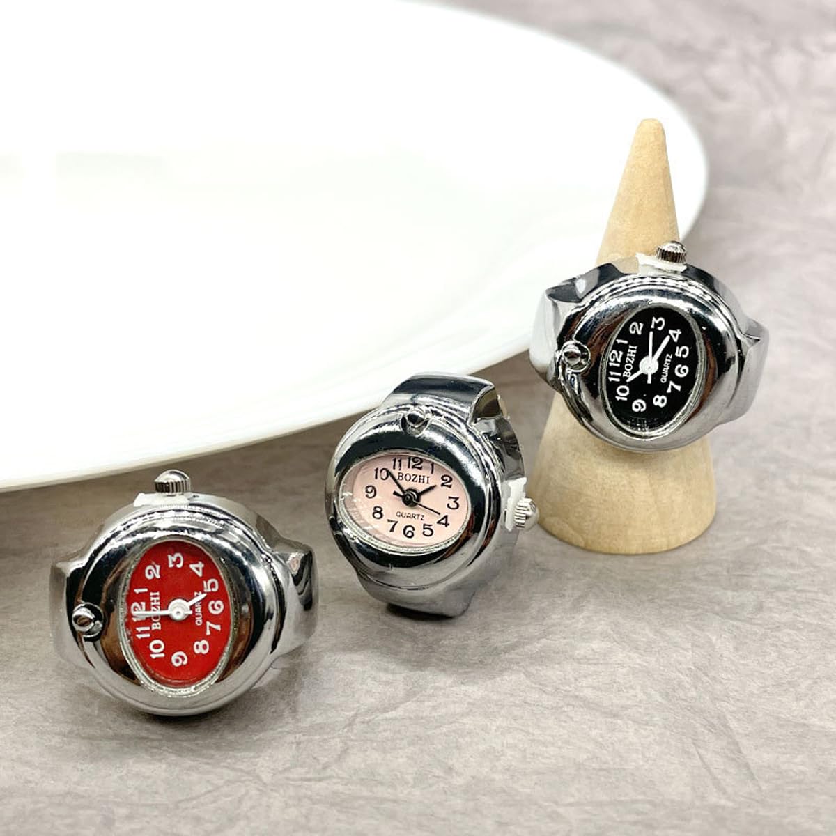 DOCIM 2pcs Moda Novedad Reloj Forma Anillo Anillo Anillo Reloj Pareja Relojes Anillos para Mujeres Hombres,Negro