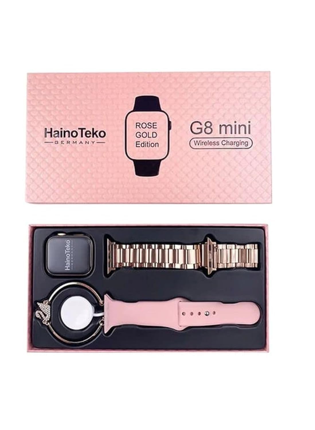 Haino Teko GermanyG8 Mini Smart Watch 41mm with Two Set Strap HD Smart Display Rose Gold Edition with Wireless Charger and Beautiful bracelet for Ladies