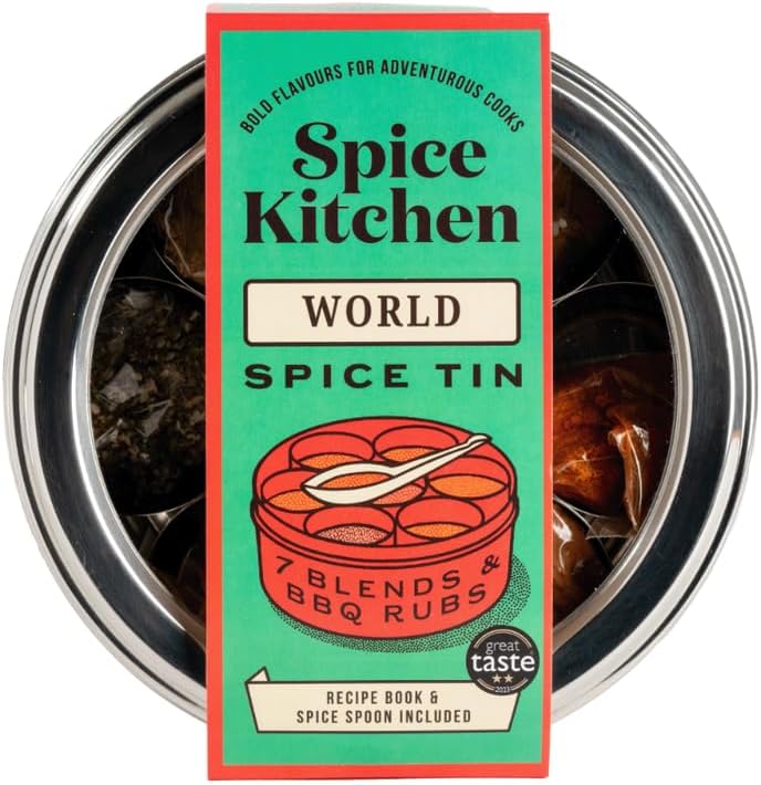 Spice Kitchen World Spice Blends & BBQ Rubs Gift Set, 7 Spices Including Garam Masala, Sri Lankan Curry, Jerk, Piri Piri, Ras El Hanout, Smoky Chipotle BBQ & Zaโatar, Stainless Steel Spice Tin