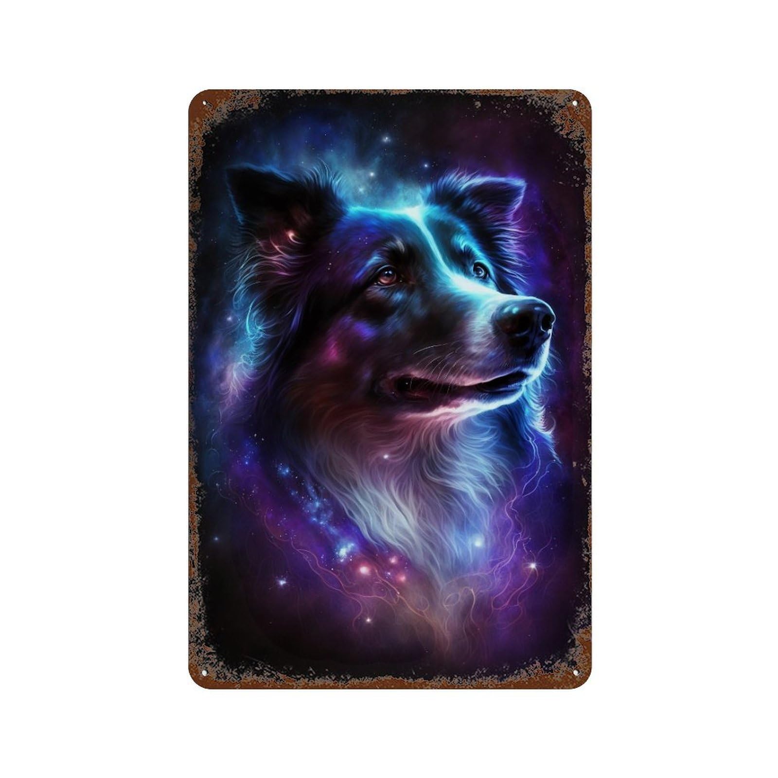 Distressed Metal Wall Sign with Cosmic Wolf Art Print-1 Design 11.8"x7.9", for Cafe, Home Bar And Lounge Decor, Retro Wall Decor