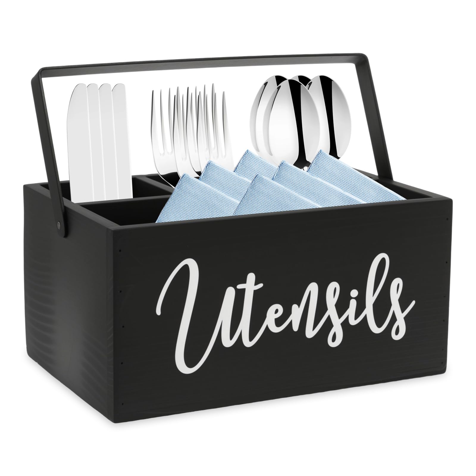 Lulobtg Black Kitchen Utensils Holder, Wooden Tote Silverware Organizer Rack With 4 Compartments And Carry Handle, Wood Cutlery Storage Caddy, Cooking Tools Storage Stand For Countertop(Black)