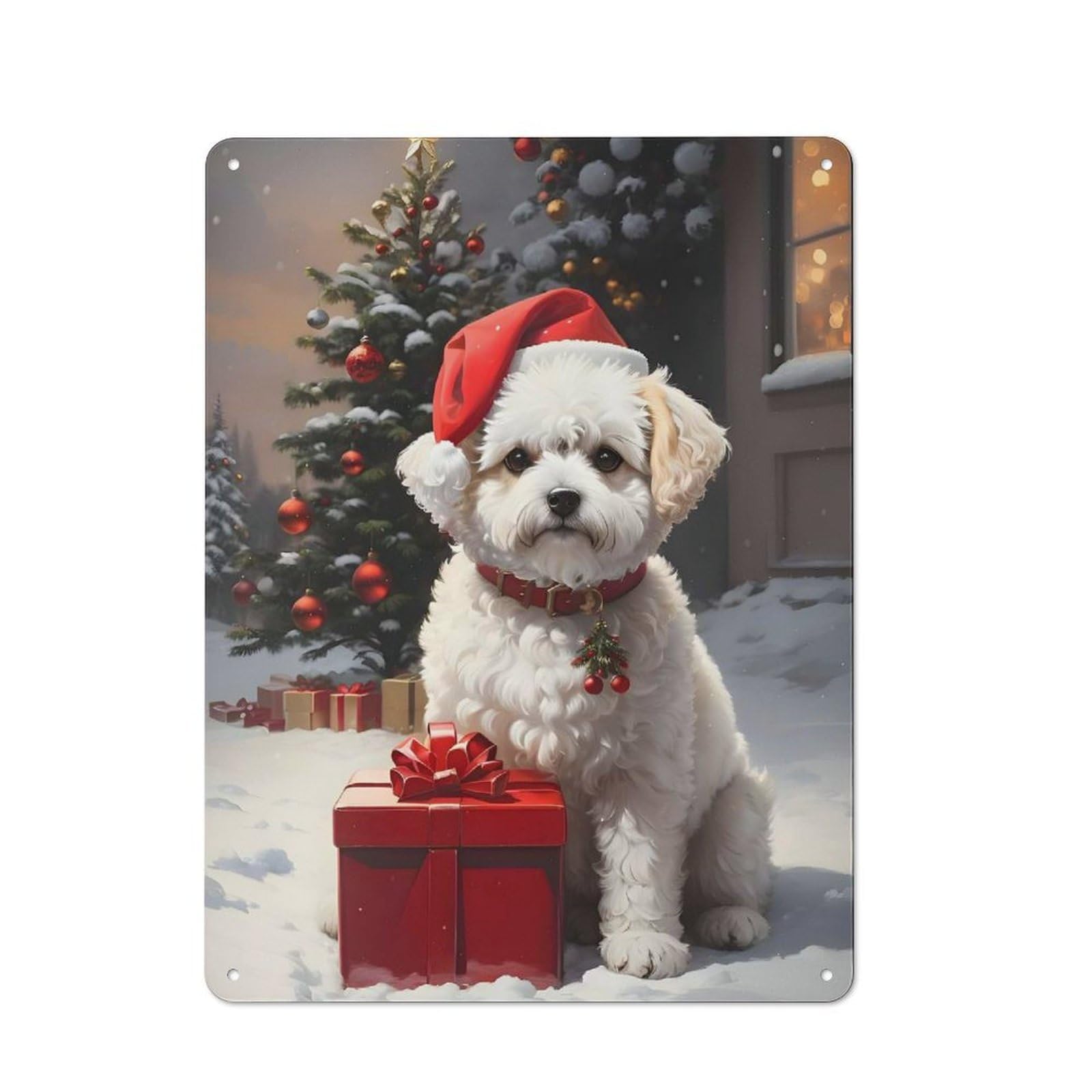 Junmoney Bichon Fris Christmas Dog For Café Or Restaurant, Vintage Metal Sign 40X30cm, For Vintage Wall Decor Fans, For Cafés, Pubs And Restaurants