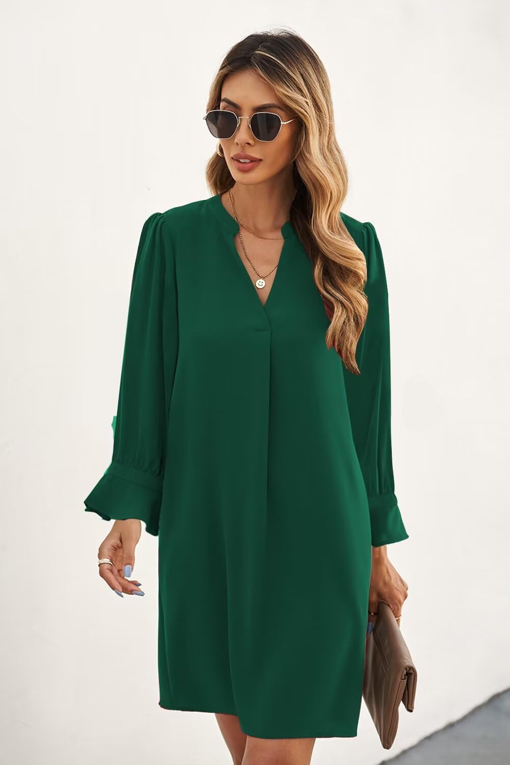 QACOHU Fall Dresses for Women 2026 Casual V Neck Long Sleeves Flowy Mini Tunic Dress - Image 4