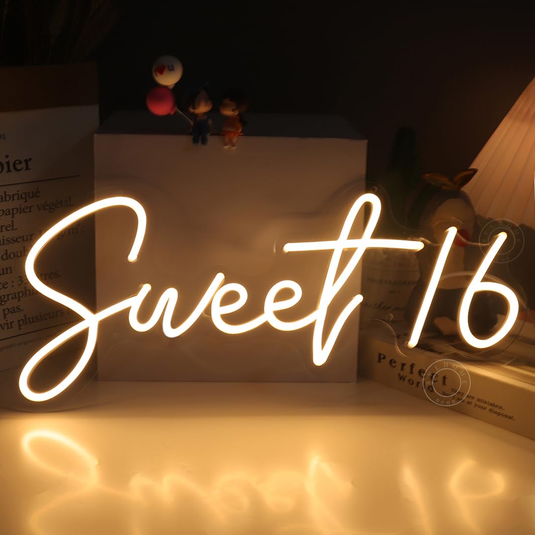 SYLHOME Sweet 16 LED Neon Light Sign 17"X7.3" 5V Sweet Girls Adults Bedroom Happy 16th Birthday Party Wall Decor Beautiful Bestie Sister Gift USB Warm