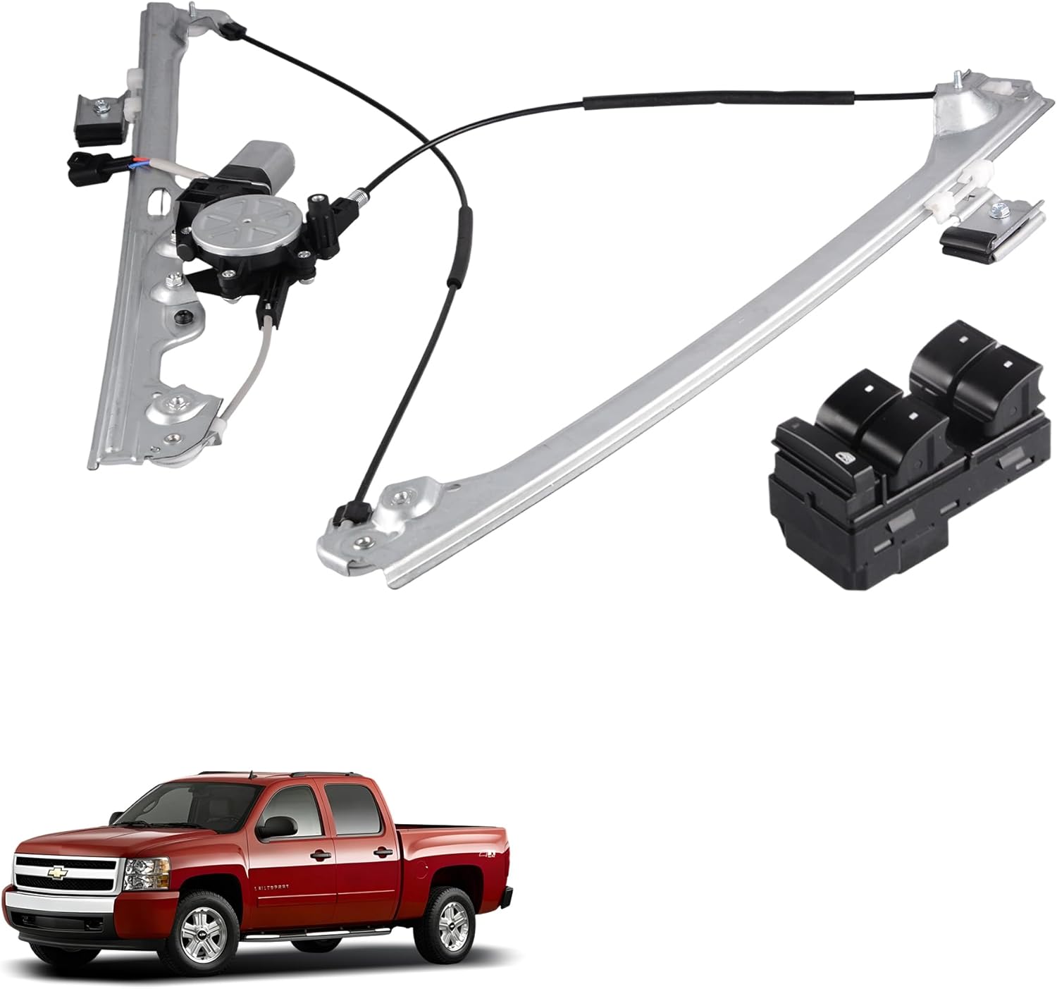 Front Left Driver Side Power Window Regulator with Motor & Power Master Window Switch Compatible for 2007-2013 Chevy Silverado/GMC Sierra 1500 2500HD 3500HD, Replace 741-442 & 20945129