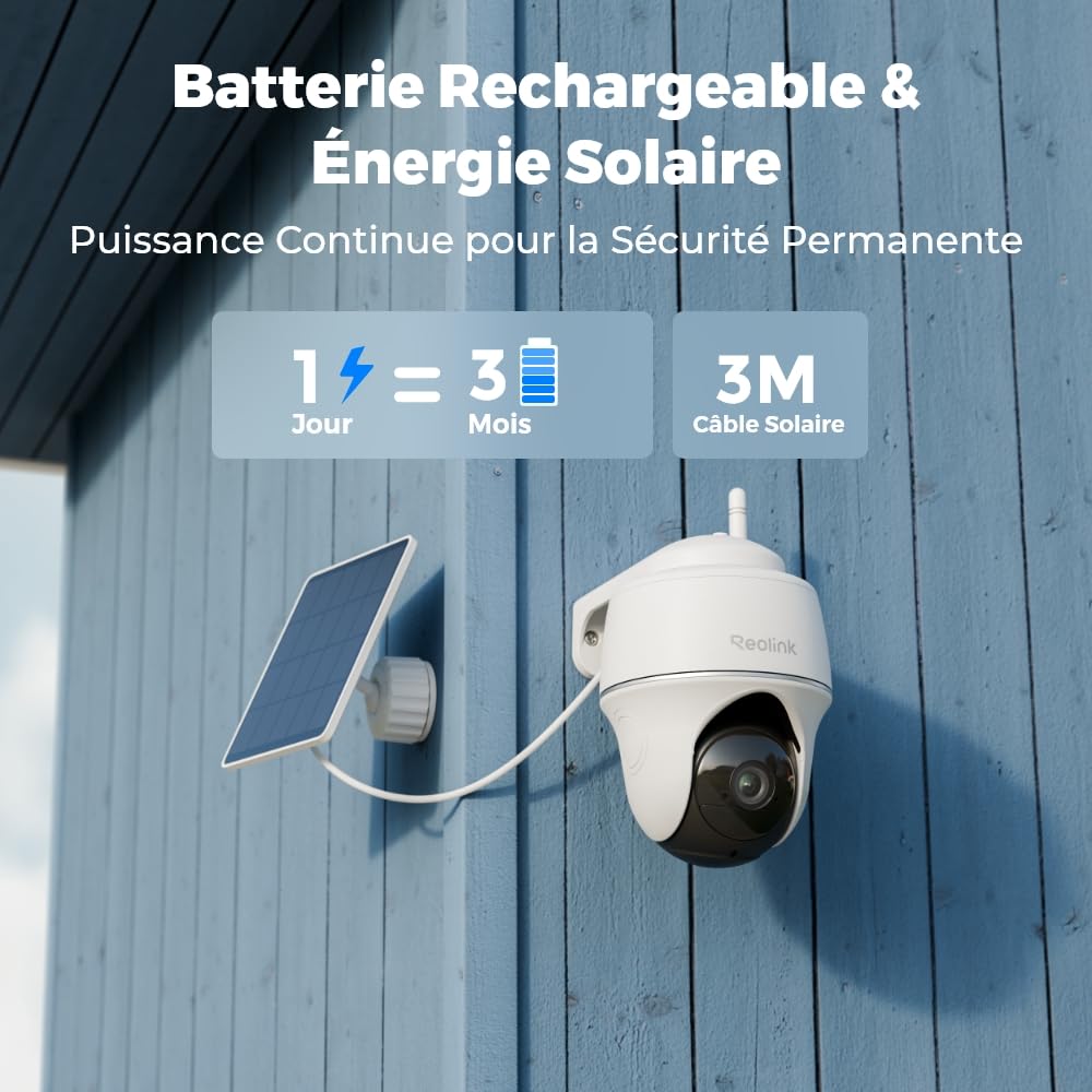 Reolink 2K 360°Pan&Tilt Camera Solaire, 2,4 Ghz WiFi, Détection Personne/Véhicule, Audio Bidirectionnel, Siren, Argus PT Lite + Panneau Solaire
