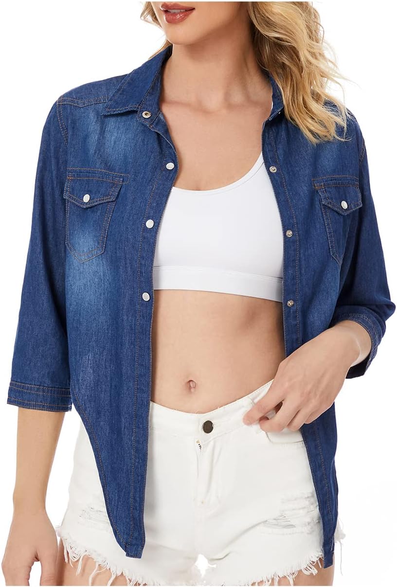 Century Star Women's 3/4 Sleeve Denim Shirt Chambray Crop Top Jean Tie Cardigan Front Knot - Image 4