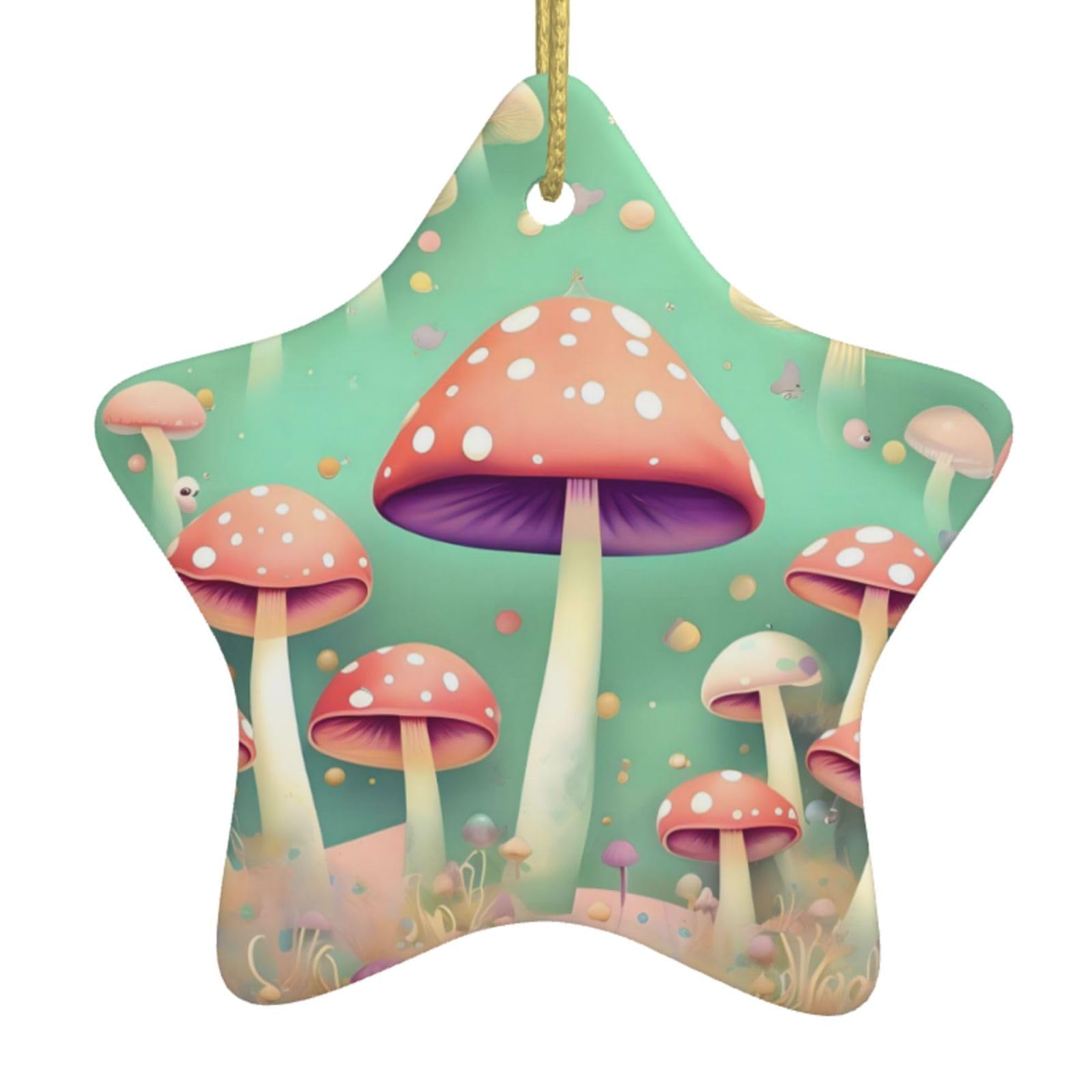Dream Mushroom Christmas Ceramic Star Pendant with Punched Holes and Gold Wire Rope, Christmas Tree Home Decoration