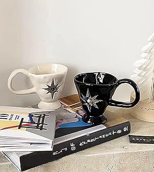 gugululu Large Ceramic Coffee Mug, Creative Handmade Pearl Star Patterns with Large Handle Coffee Mug for Latte Coffee Tea Soup for Office and Home Black