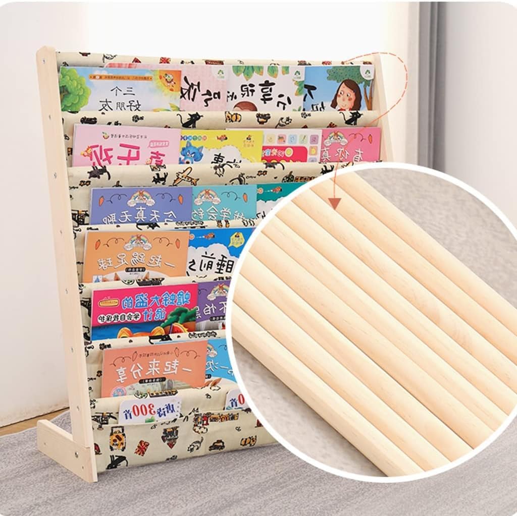 HEYOUTH Scaffale Libri Montessori per Bambini in Legno, 75x30x79 cm con 6 Tasche di Tessuto, Libreria Aperta per Conservare ed Esporre Libri e Giocattoli (Animal style)