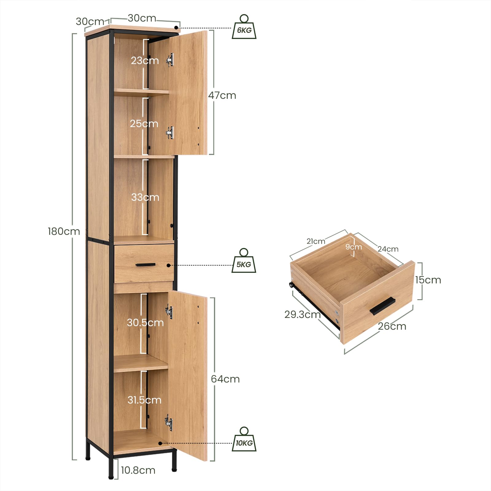 EUGAD Colonne Salle de Bain, Meuble Salle de Bain Rangement, avec 1 Tiroir, 2 Placards à Porte, 1 Casier Ouvert, Étagères Réglables, 30x30x180cm, Chêne Clair+Noir