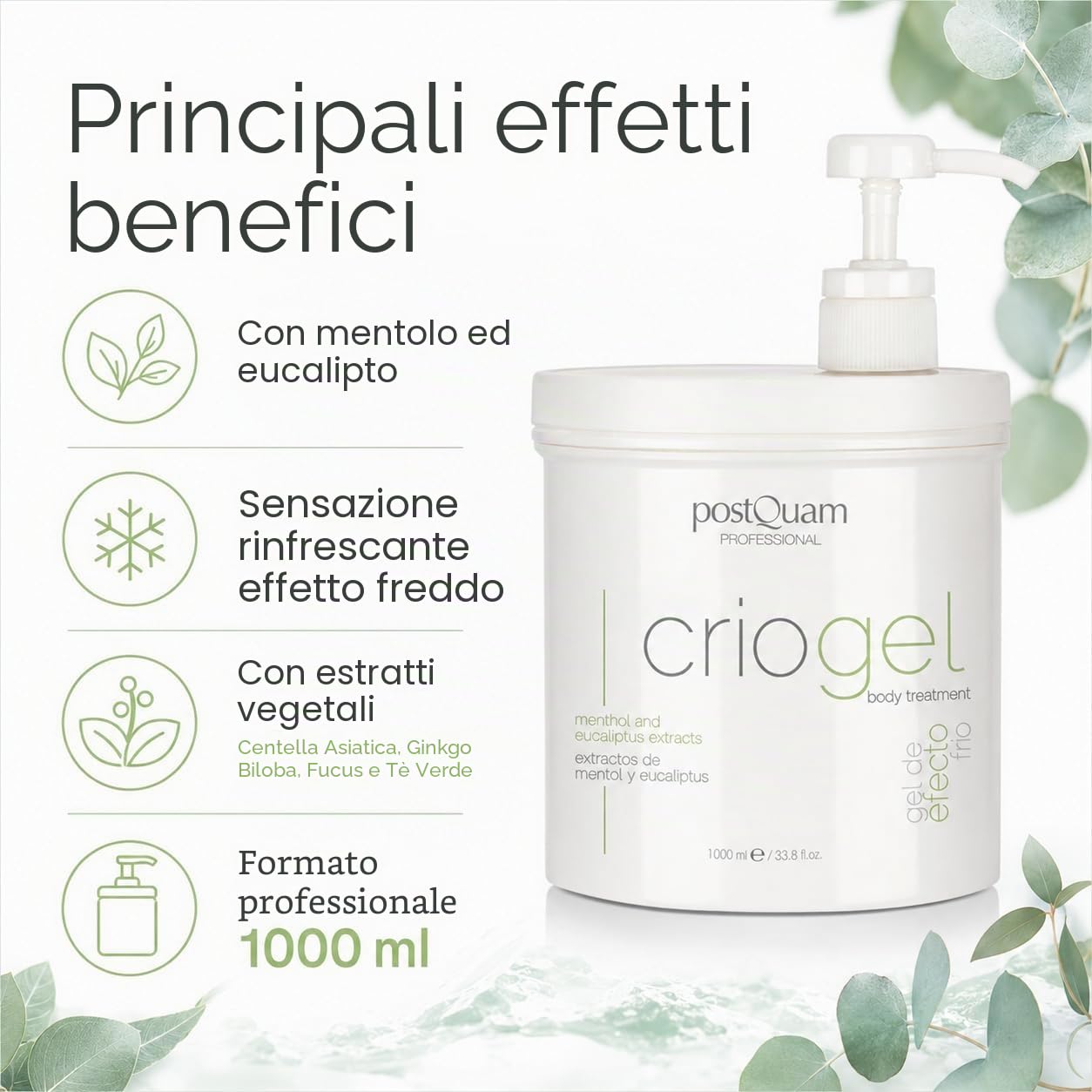 PostQuam – Criogel crema corpo effetto freddo anticellulite rassodante – Gel rinfrescante per gambe pesanti e cura del corpo adatto a tutti i tipi di pelle – 1000 ml