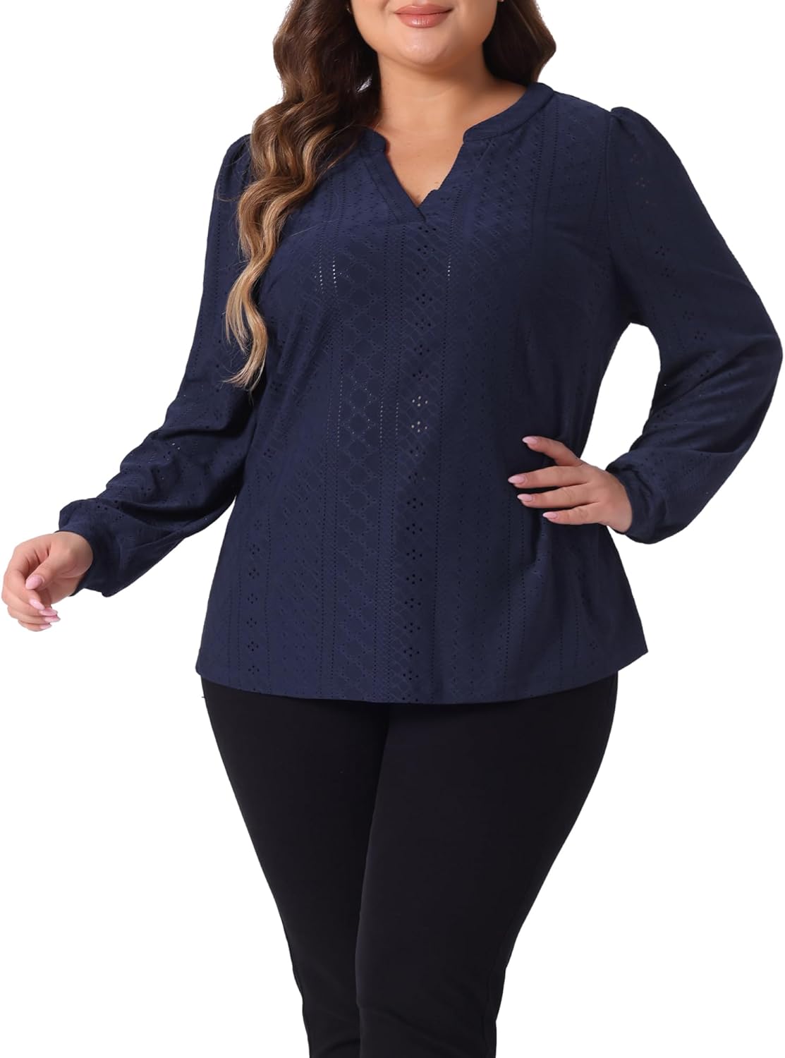 Agnes Orinda Plus Size Women's Tops Dressy Casual V Neck Long Sleeve Hollow Blouses Trendy T Shirts Loose Tunic - Image 2