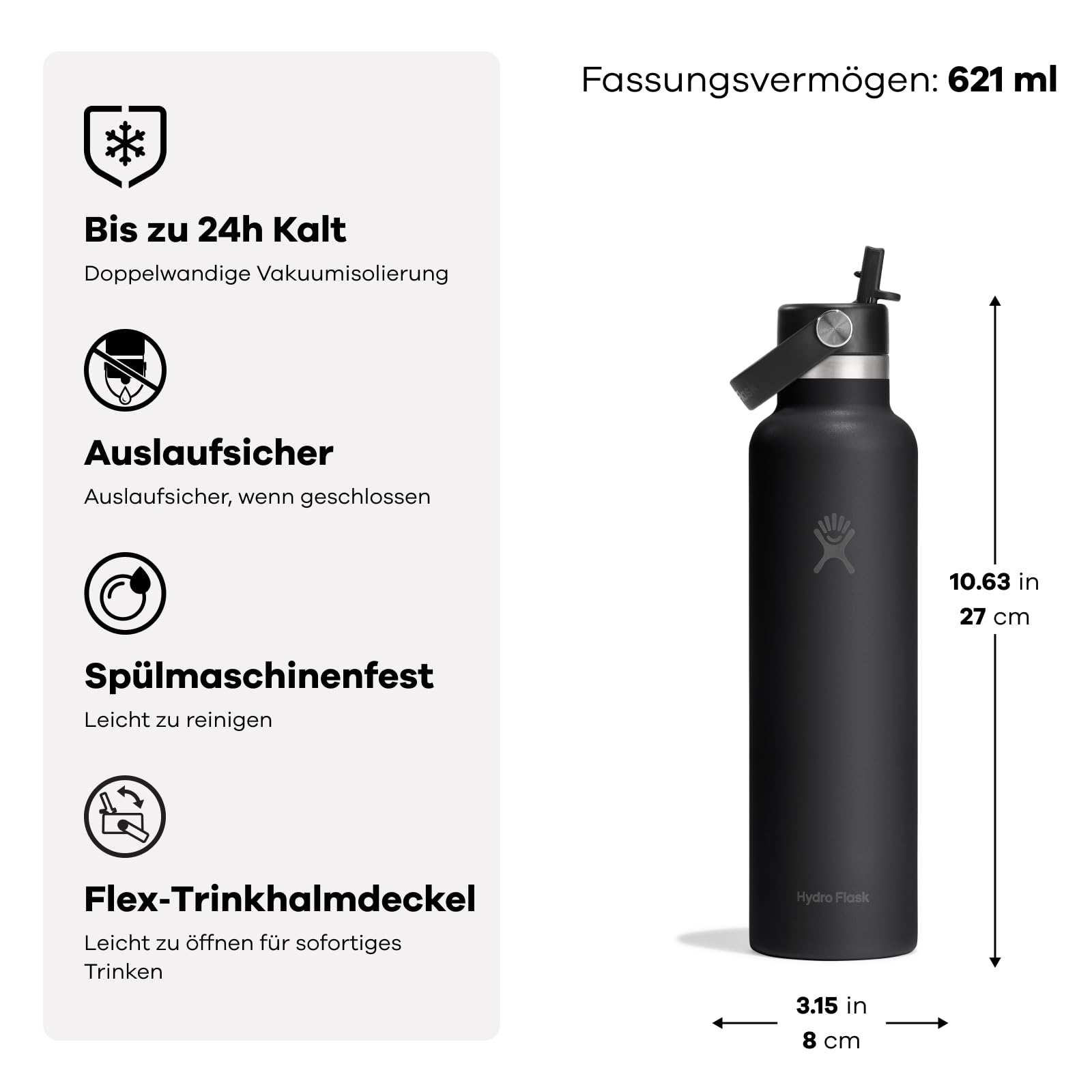 Hydro Flask – Standard Flex Straw Cap 621 ml (21 oz) Bottle | Edelstahl, auslaufsicher, passend für Getränkehalter – Kalt 24 Std. isoliert – White