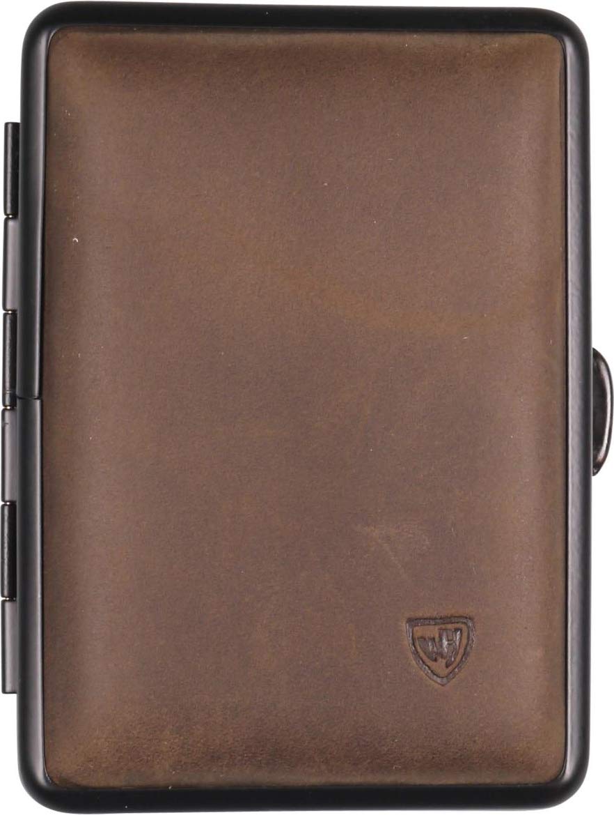 Etui na papierosy miękka skóra ciemnobrązowa, czarna ramka, 14 sztuk z gumową taśmą - Made in Germany