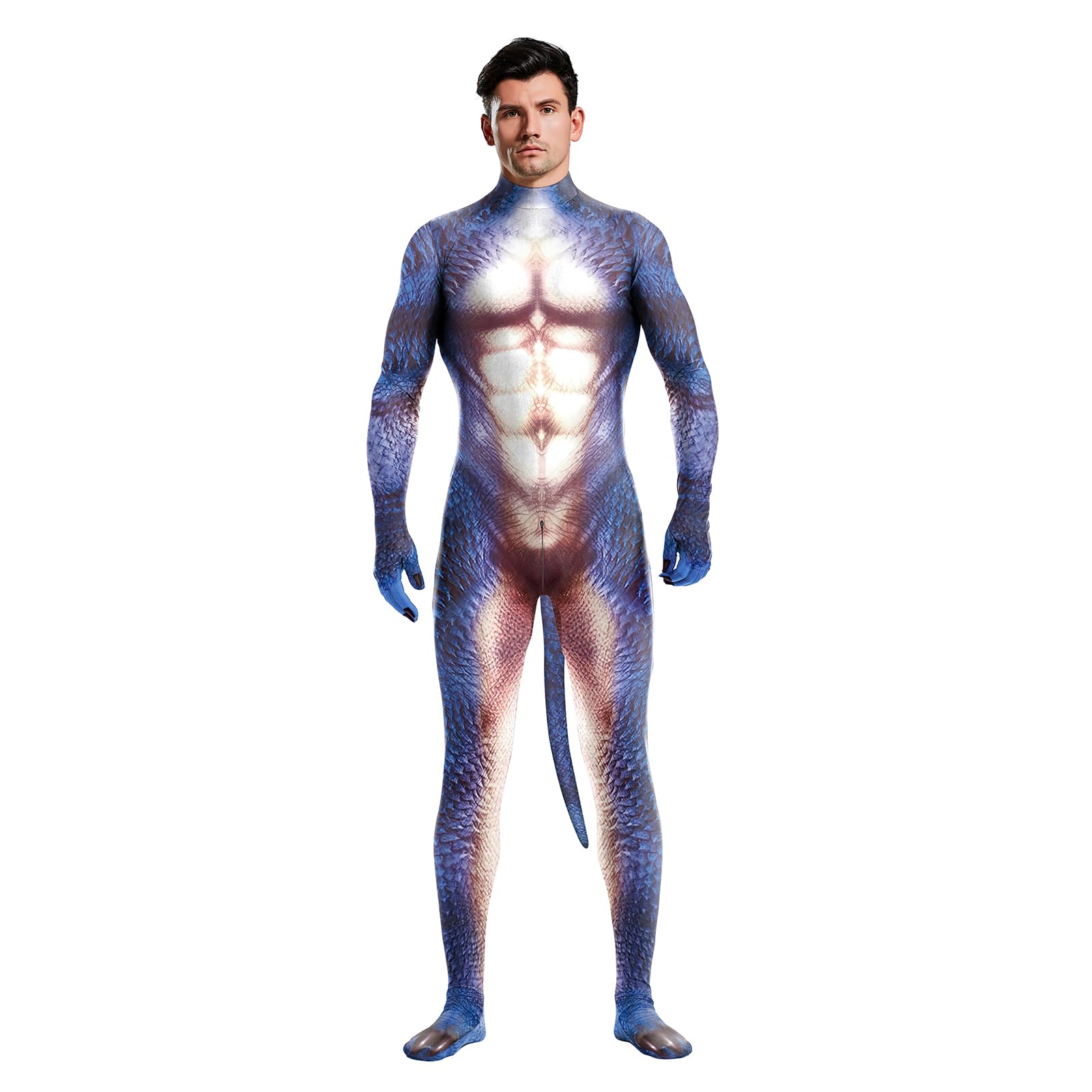 Men's Animal Bodysuit Costume with Big Tail Print Petsuit Spandex Furry Jumpsuit Cosplay Halloween Party