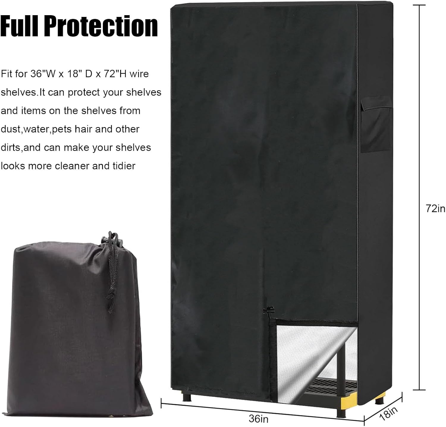VIKKSAER Dustproof Shelf Cover, 36" W x 18" D x 72" H, Heavy Duty Waterproof Storage Shelving Protector, Steel Organizer Wire Rack Cover with Zipper (Black)