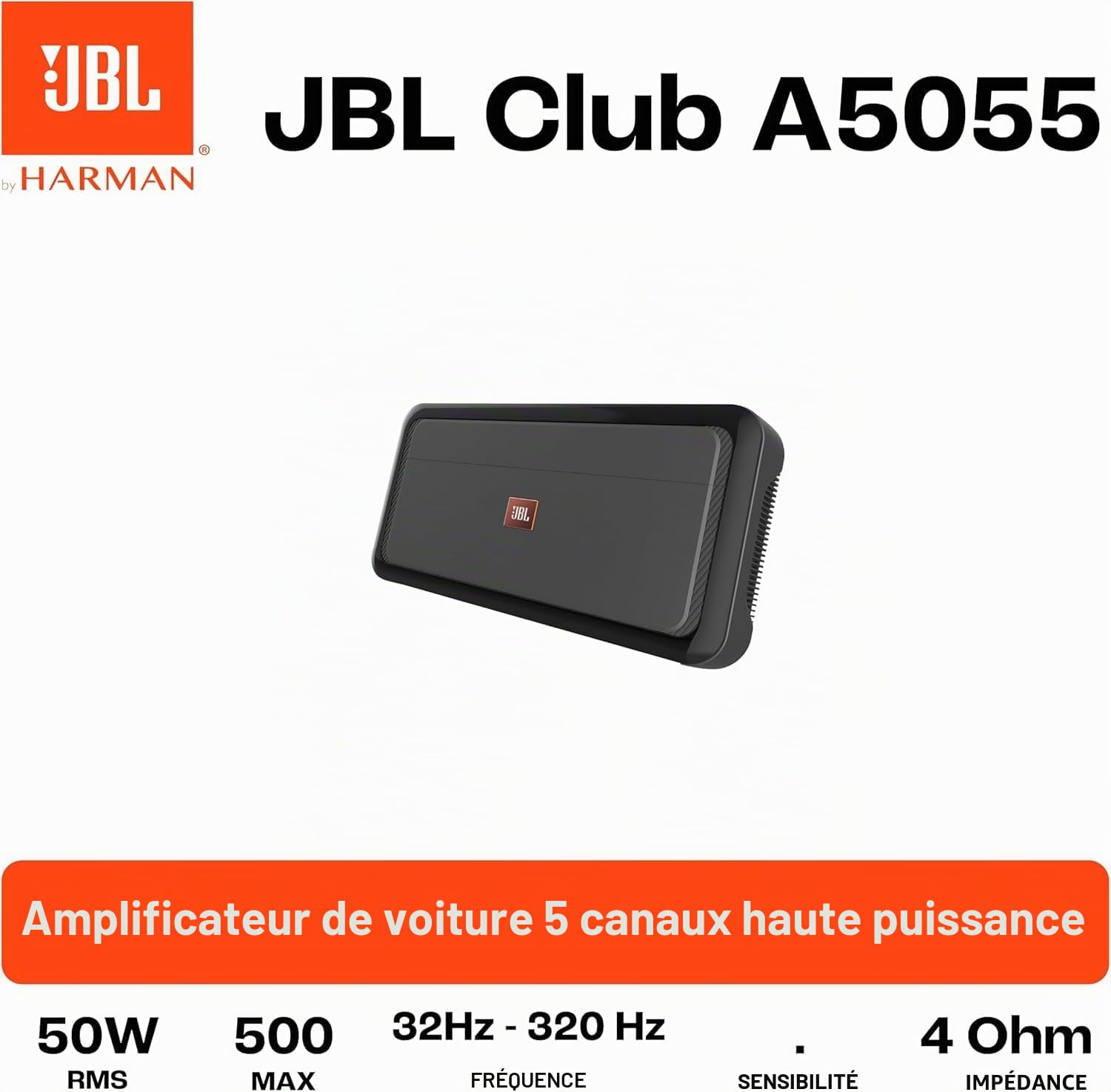 JBL Club A5055 5-Canal Amplificateur (4X 45W + 1x 500W), Noir | 4x45 W + 500 W RMS, Classe AB/D, 2 Ohm, 10 Hz-320 Hz - amplificateur compact - pour equipement audio et caisson de basse