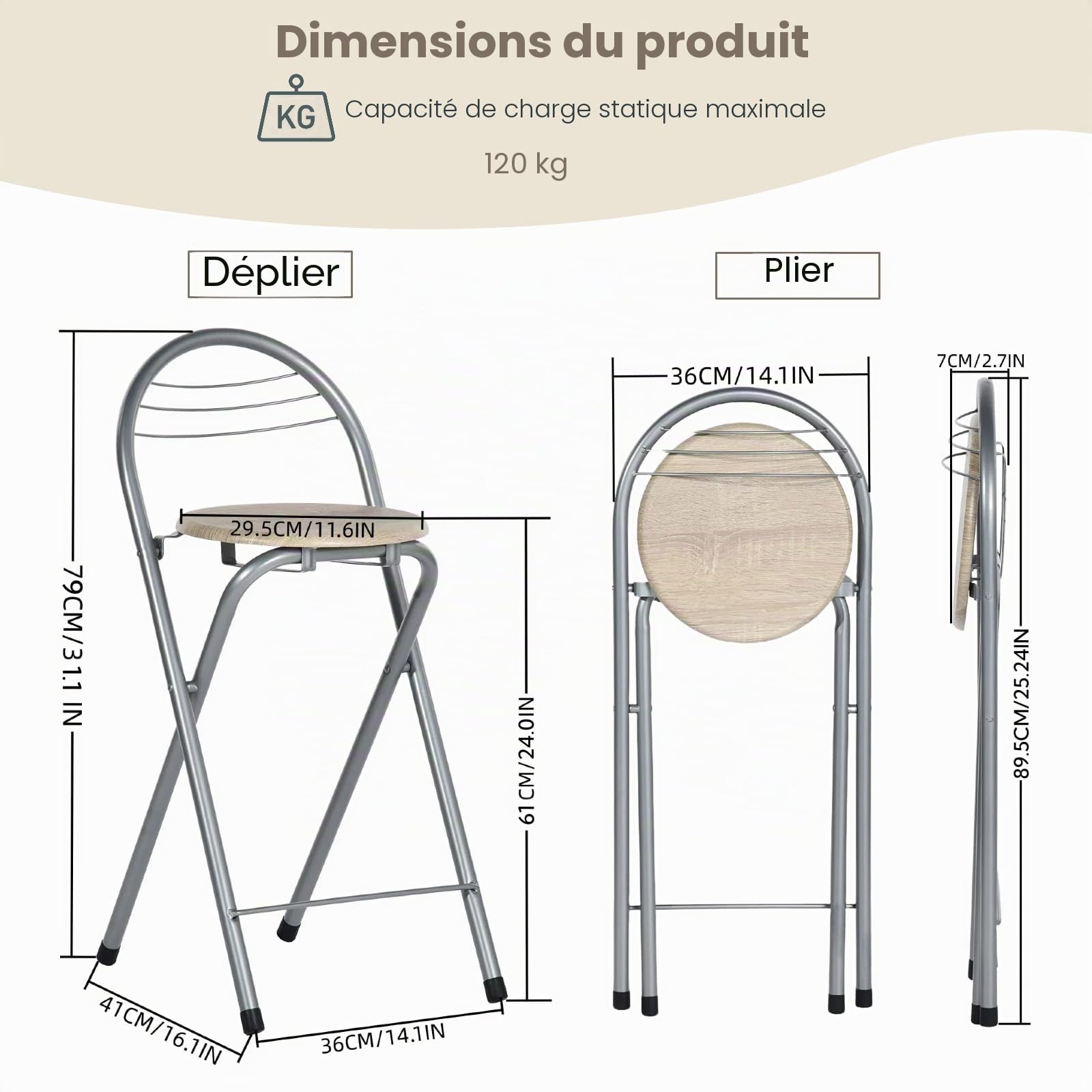 Tabourets Bar Pliants Lot de 2,sans Assemblage,Tabourets de Bar d'Extérieur Portables pour Cuisines,Bistrots,Evènements Extérieurs, Hauteur Assise 61cm(Grain de Chêne et Argent)