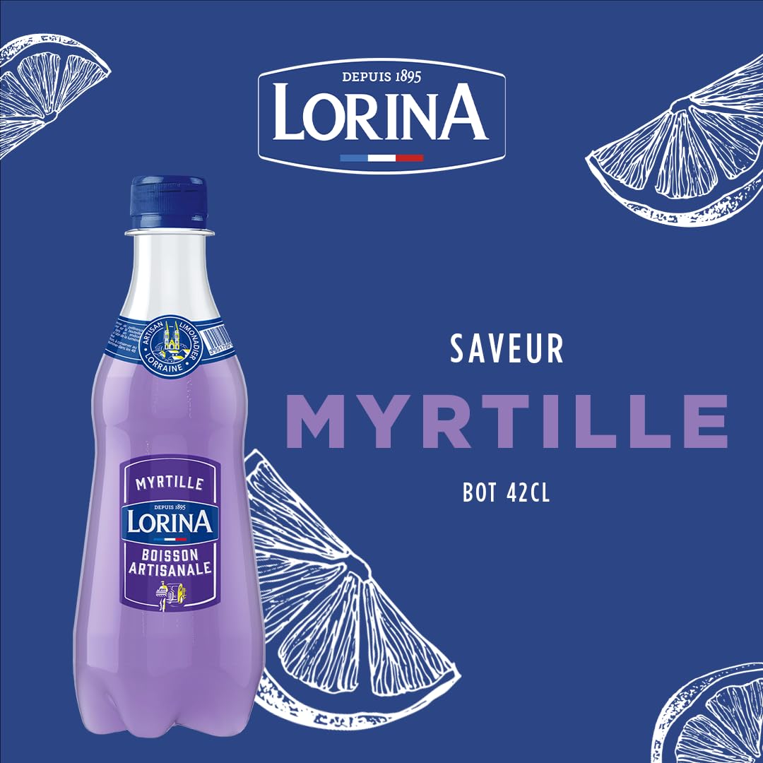 Lorina Limonade Artisanale Saveur Myrtille, Boisson Gazeifiée aux Arômes Naturels, 42cl, Lot de 12 Bouteilles