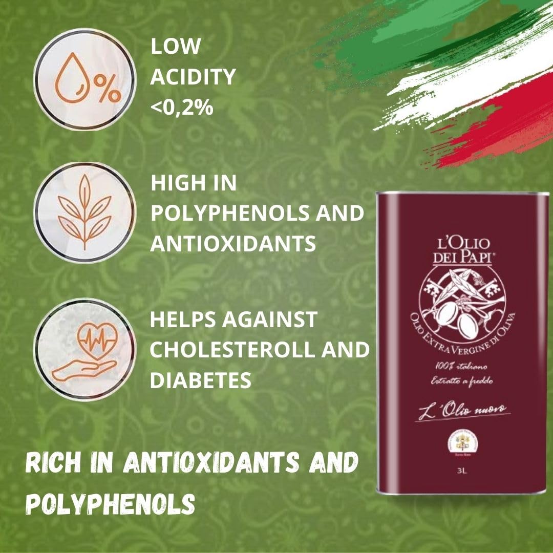 L'Olio dei Papi - Włoski Extra Virgin Olive Oil 100% zimno tłoczony, wyprodukowany z oliwek ze starych plantacji na terenach papieskich 3 litra (puszka)