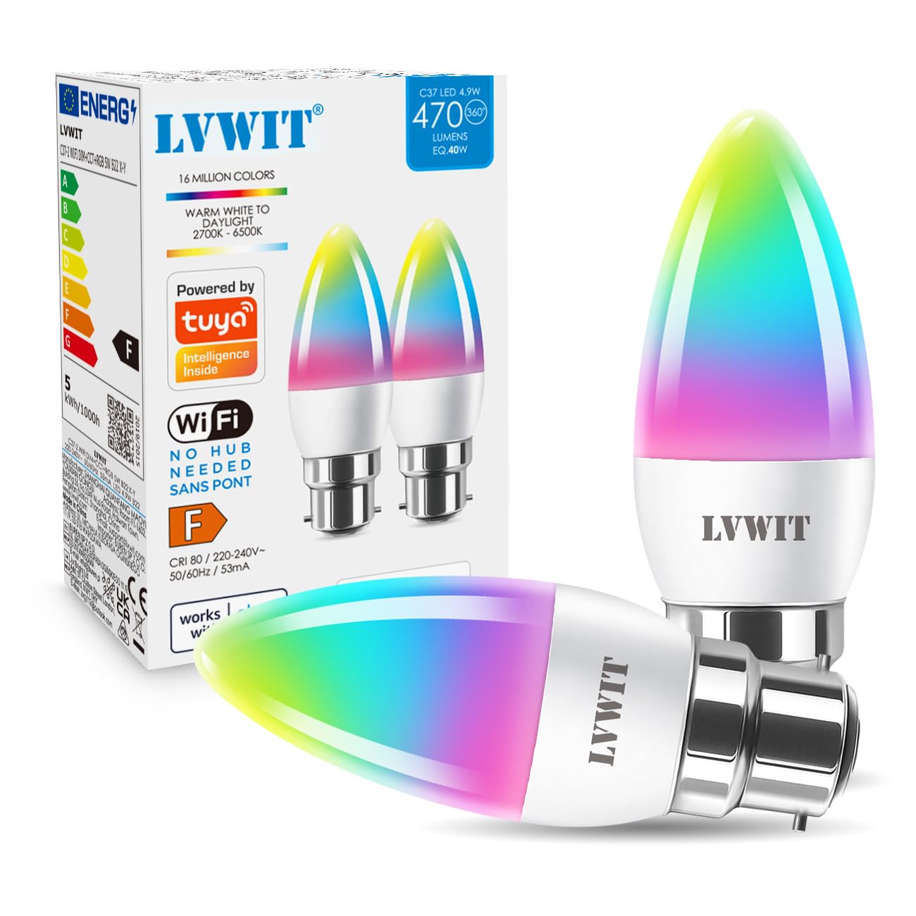 B22 Smart Candle Bulb Bayonet, RGB Color B22 Dimmable Bulbs,Music Sync WiFi Bulbs, 470Lm, 4.9W Compatible with Alexa, Echo and Google Home, Smart Candle Light Bulbs (Pack of 2)