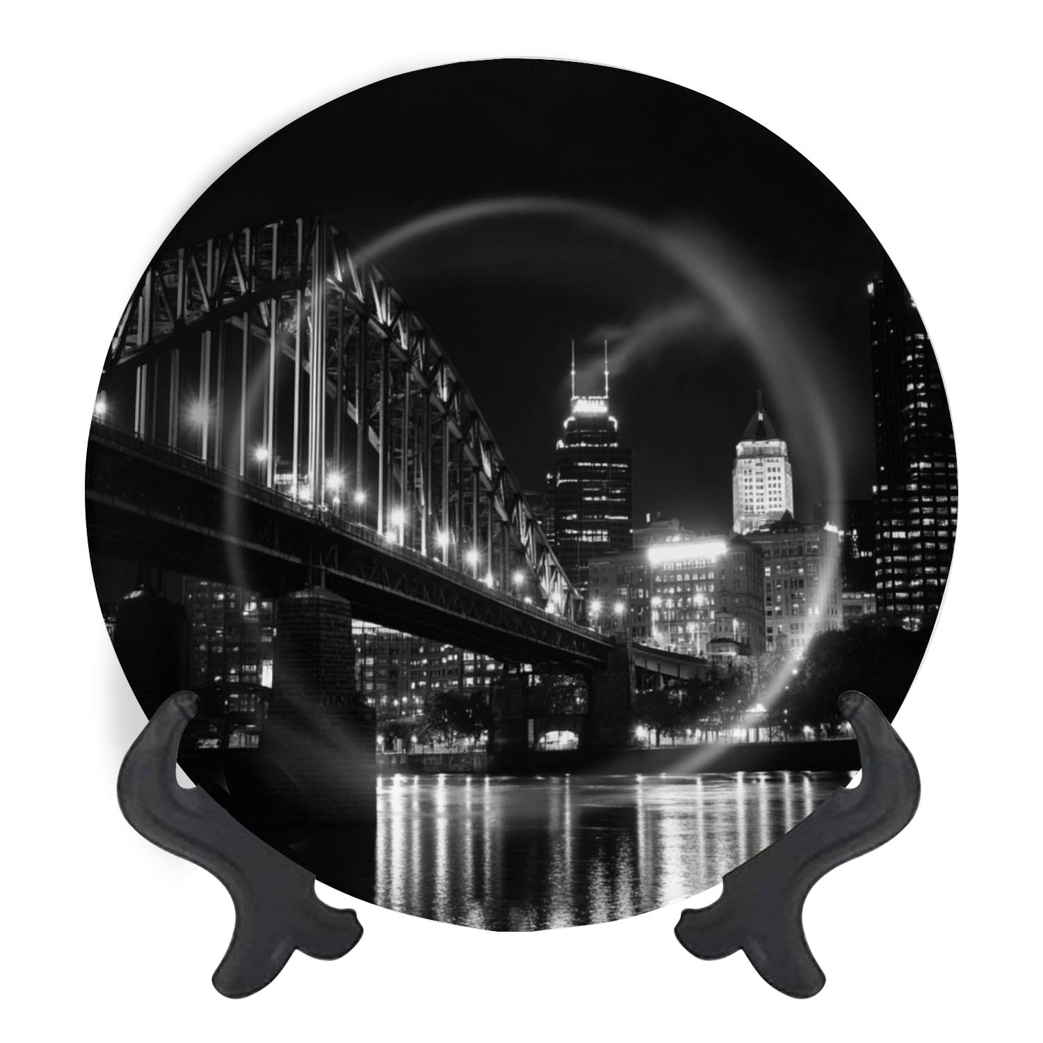 Decorative Plates for Display Night view downtown Pittsburgh Gift Plates Ceramic Collections Plates Hanging Artwork for Living Dining Room Kitchen Souvenir
