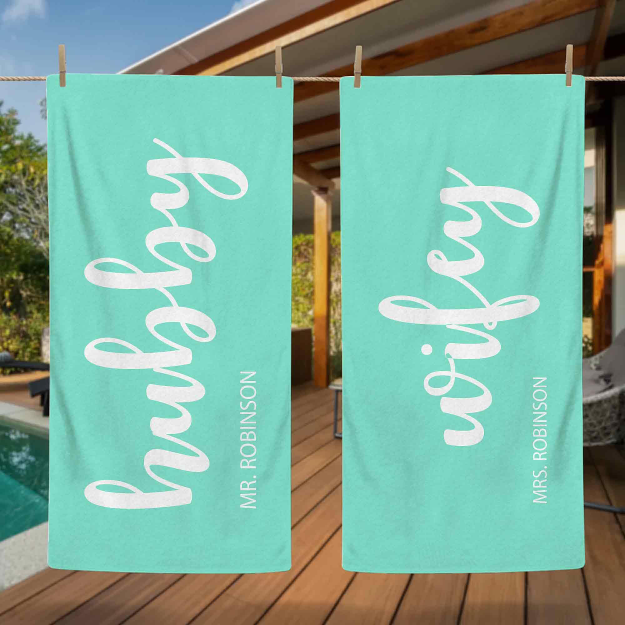 Print Maniacs Personalised Hubby and Wifey Beach Towel Custom Name Microfibre Towel Large Quick Dry Lightweight Travel Towel Honeymoon Holiday Pool Gym Spa Towels Couple Gift