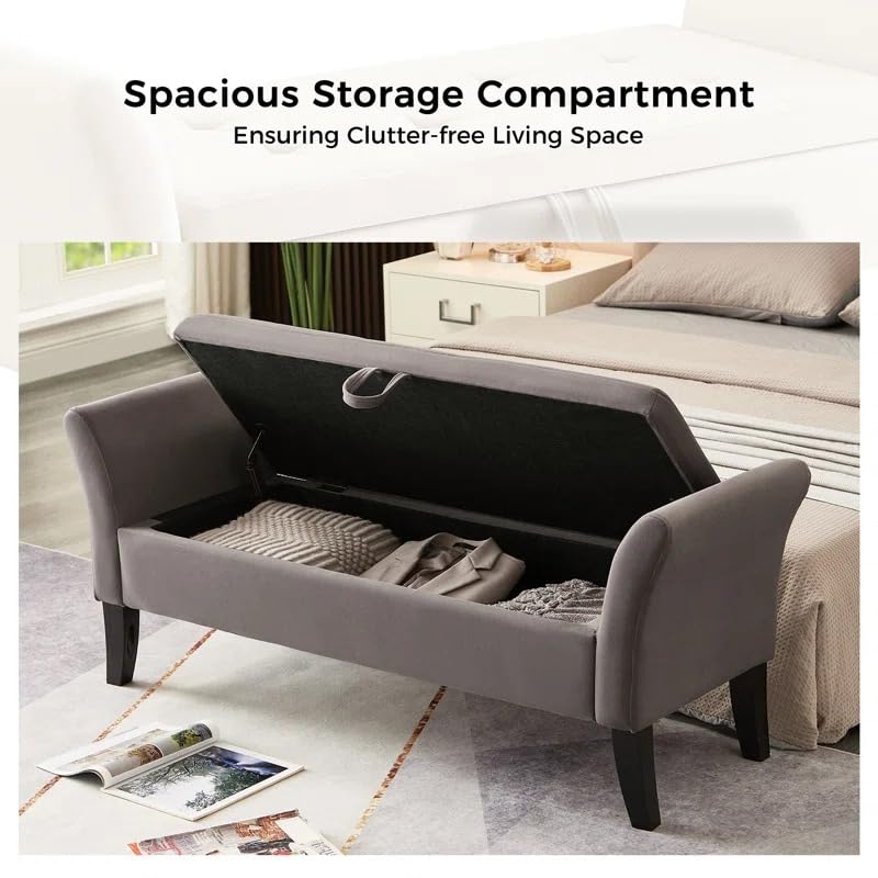 Image of 2 Seater Storage Ottoman Bench with Armrests | Upholstered Tufted Sofa Bench with Hidden Storage | Bedroom Living Room Entryway Seating | Modern End of Bed Bench Footrest Lounge Seat | Grey