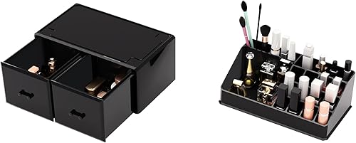 Miniatura 3 de READAEER Organizador de maquillaje 2 piezas estuche de almacenamiento de cosméticos con 2 cajones grandes negro