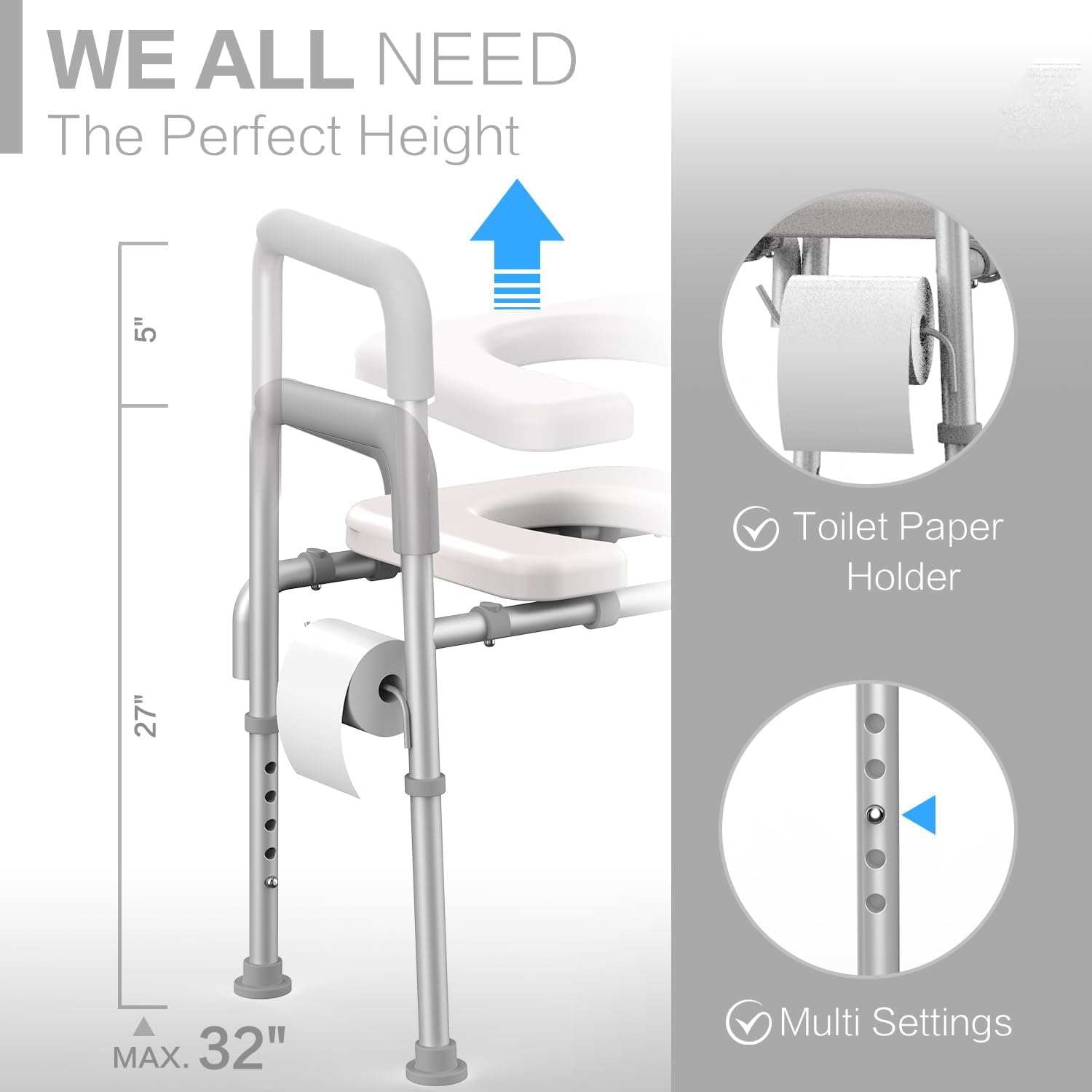 HEYOUTH Barra bagno disabili,Maniglie WC,Supporti Bagno per Disabili,Braccioli per wc,Sostegno per Wc,regolabile in altezza,Supporto WC per Anziani,Si adatta a qualsiasi toilette