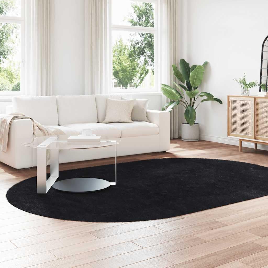 NAVARRA Tapis shaggy à poils longs, noir, 300 x 200 cm, ovale, en polyester, robuste, doux, moelleux, pour salon, chambre à coucher et bureau