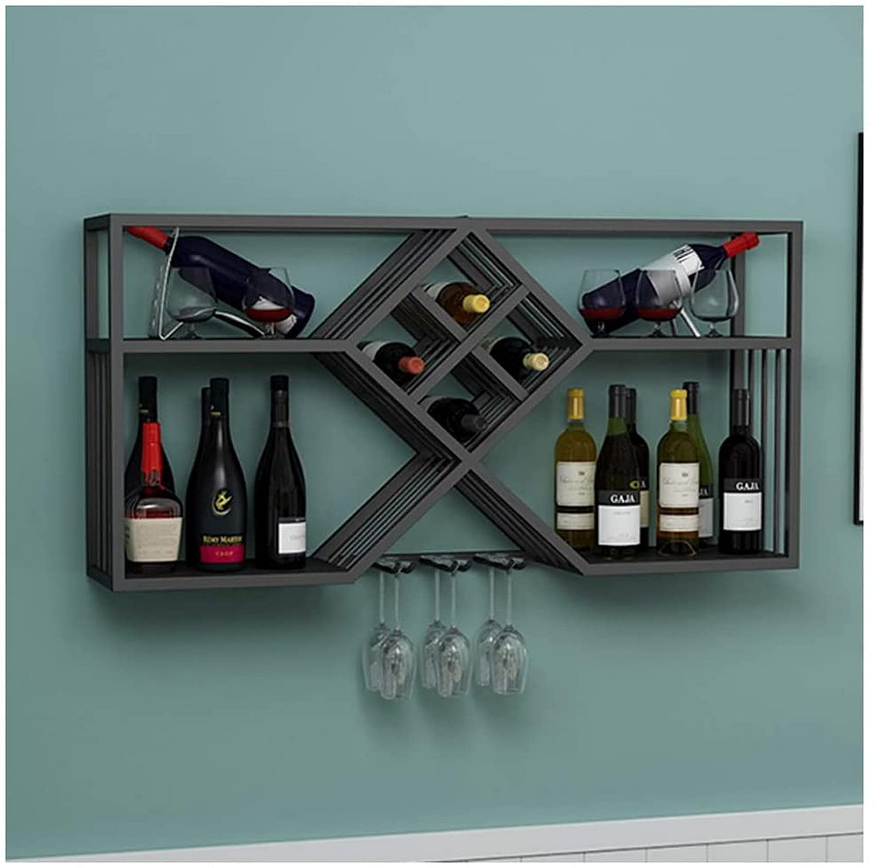 Casier à vin mural en métal de 100 cm avec porte-verres à pied suspendre pour bar