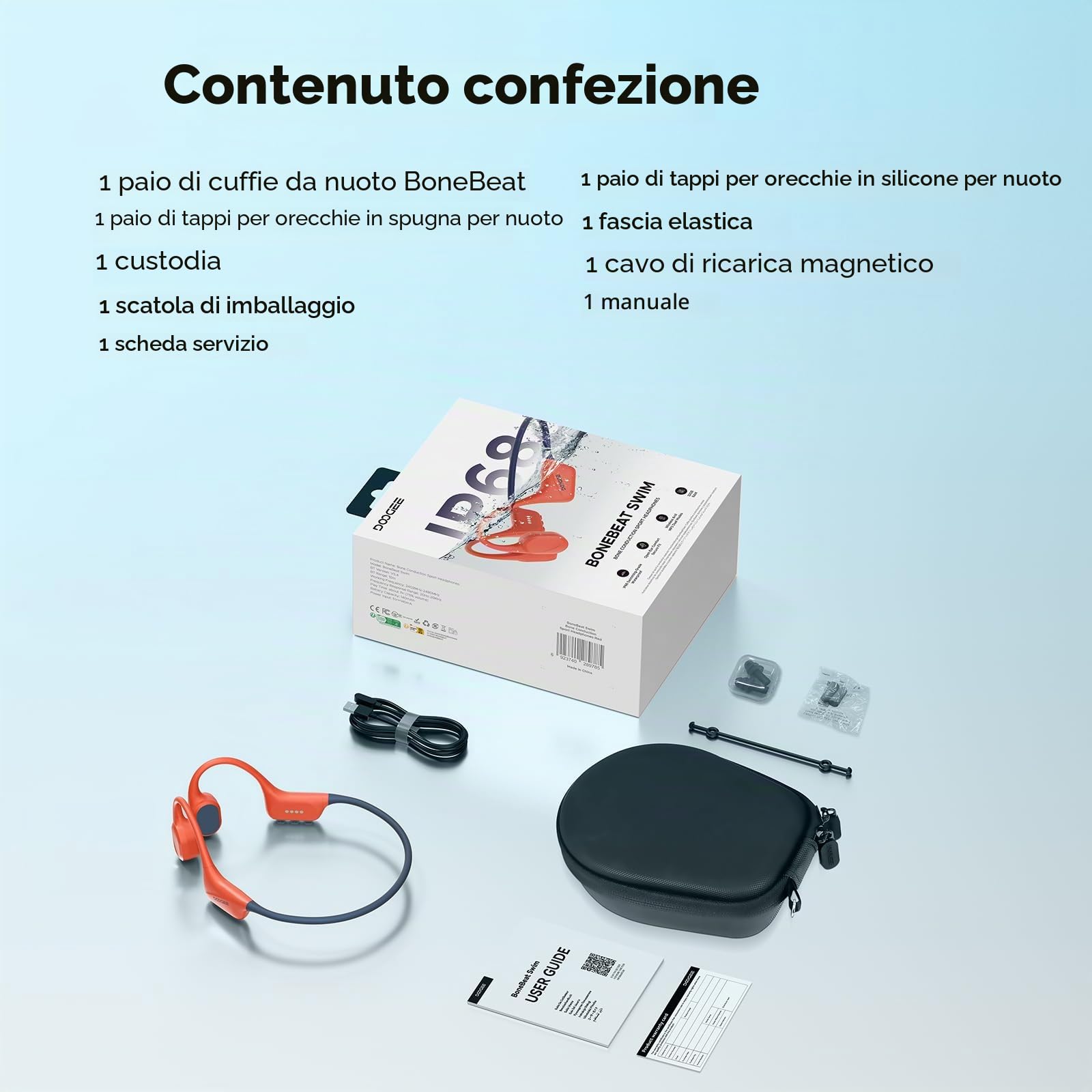 Cuffie Conduzione Ossea IP68 Impermeabili per Nuoto, Auricolari Sportive Bluetooth 5.4, MP3, 32GB, Comodo Silicone, Open-Ear per Corsa, Ciclismo, Palestra，rosso