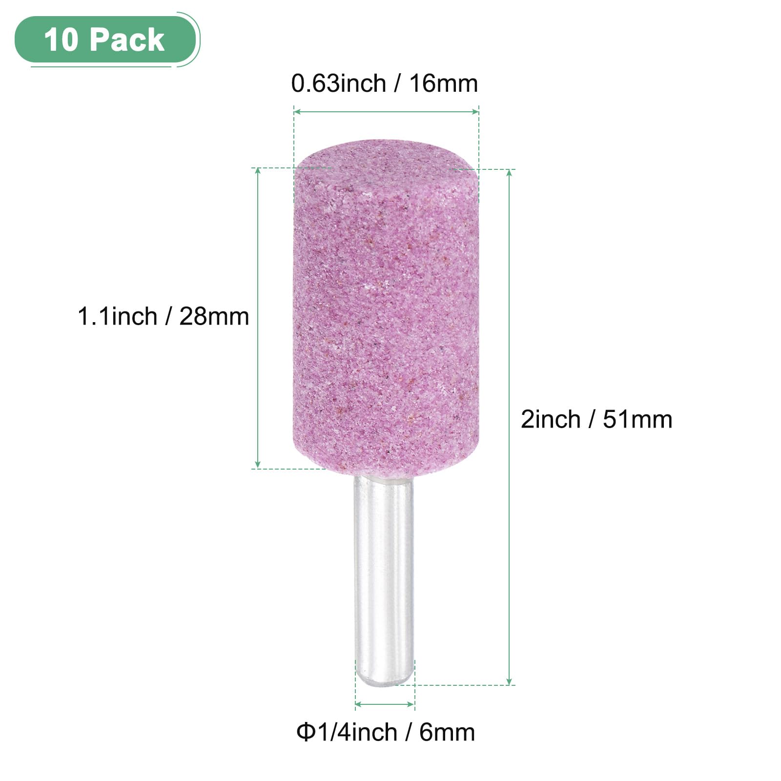 M METERXITY 10-Pack Mole Montate In Pietra Abrasiva Per Levigatura, Codolo Da 1/4 IN(6mm) Punta Trapano Per Levigatura E Lucidatura In Ossido, Diametro 0.63IN(16mm) Grana 80 Cilindro [Rosa]