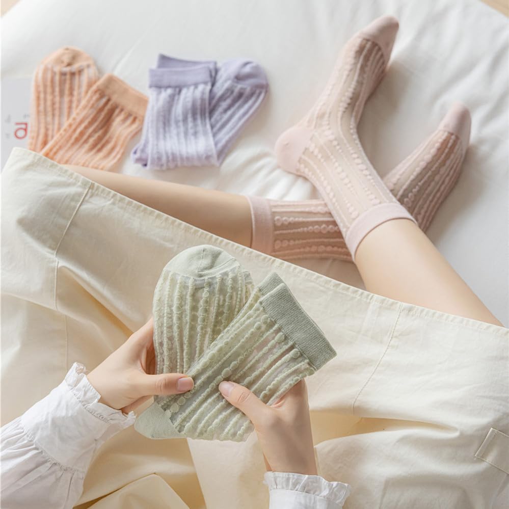 Image of Alafime Coquette Aesthetic Mesh Socks for Women - 7 Pairs Kawaii Embroidered Florals Y2K Full Tube Sheer Socks