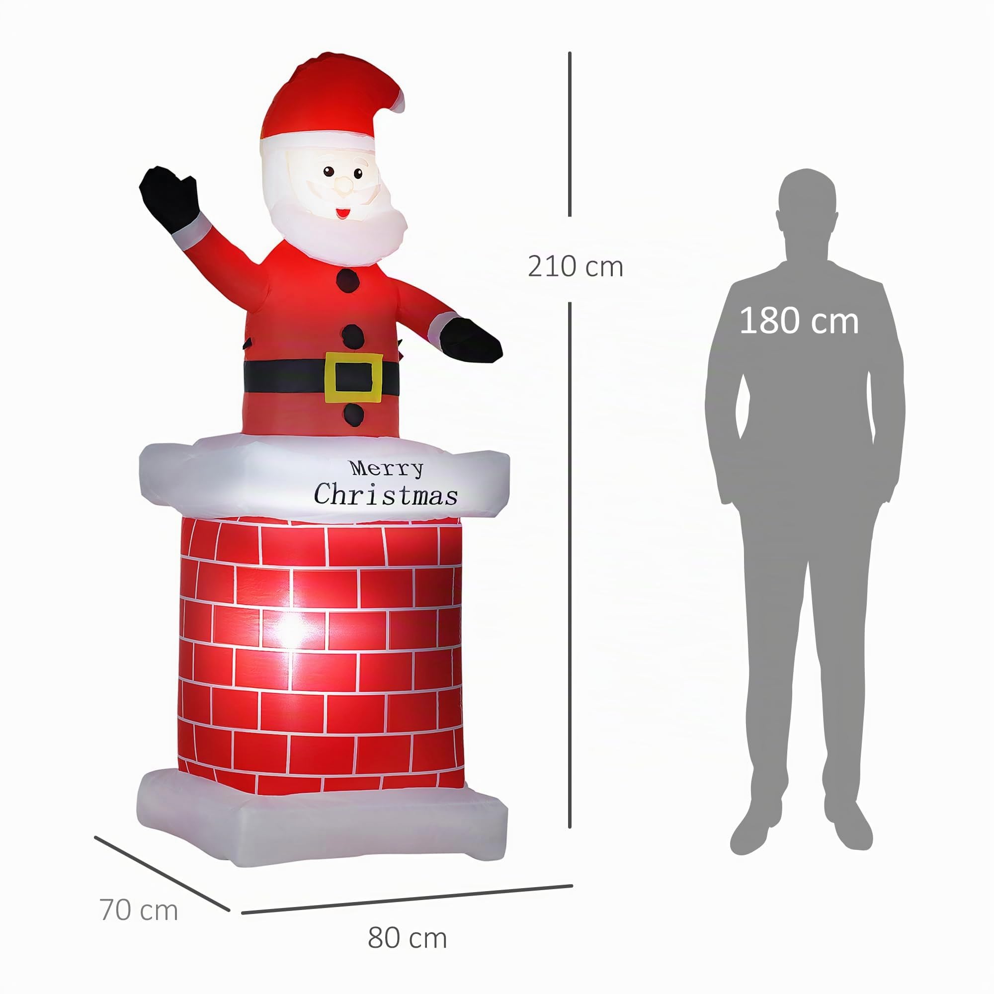 HOMCOM Aufblasbarer Weihnachtsmann mit Schornstein 210 cm Beleuchtet | Riesige Aufblasbar Weihnachtsdeko, LED Licht, Weihnachtsdekoration, Nikolaus, Weihnachten Dekoration, Für Drinnen Draußen