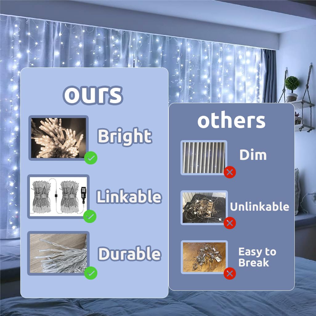 Cozymeow Curtain Lights Indoor, 300 LED 3mx3m Plug in Curtain Fairy Lights, Timer/8 Modes/Waterproof/Connectable - Image 2