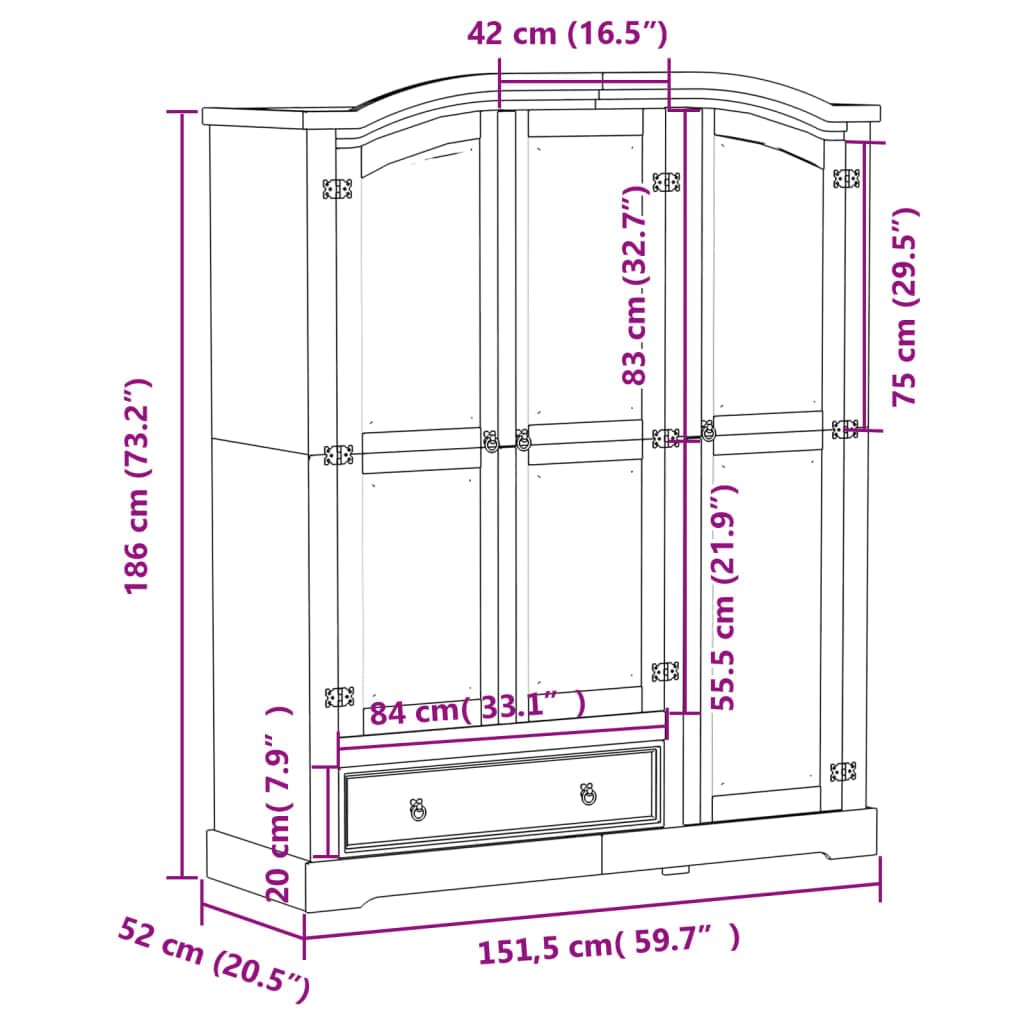 Armario Corona Madera Maciza de Pino 151,5x52x186 cm, Muebel Recibidor, Aparador Entrada, Muebles Salón, Mueble De Almacenamiento - 4012160
