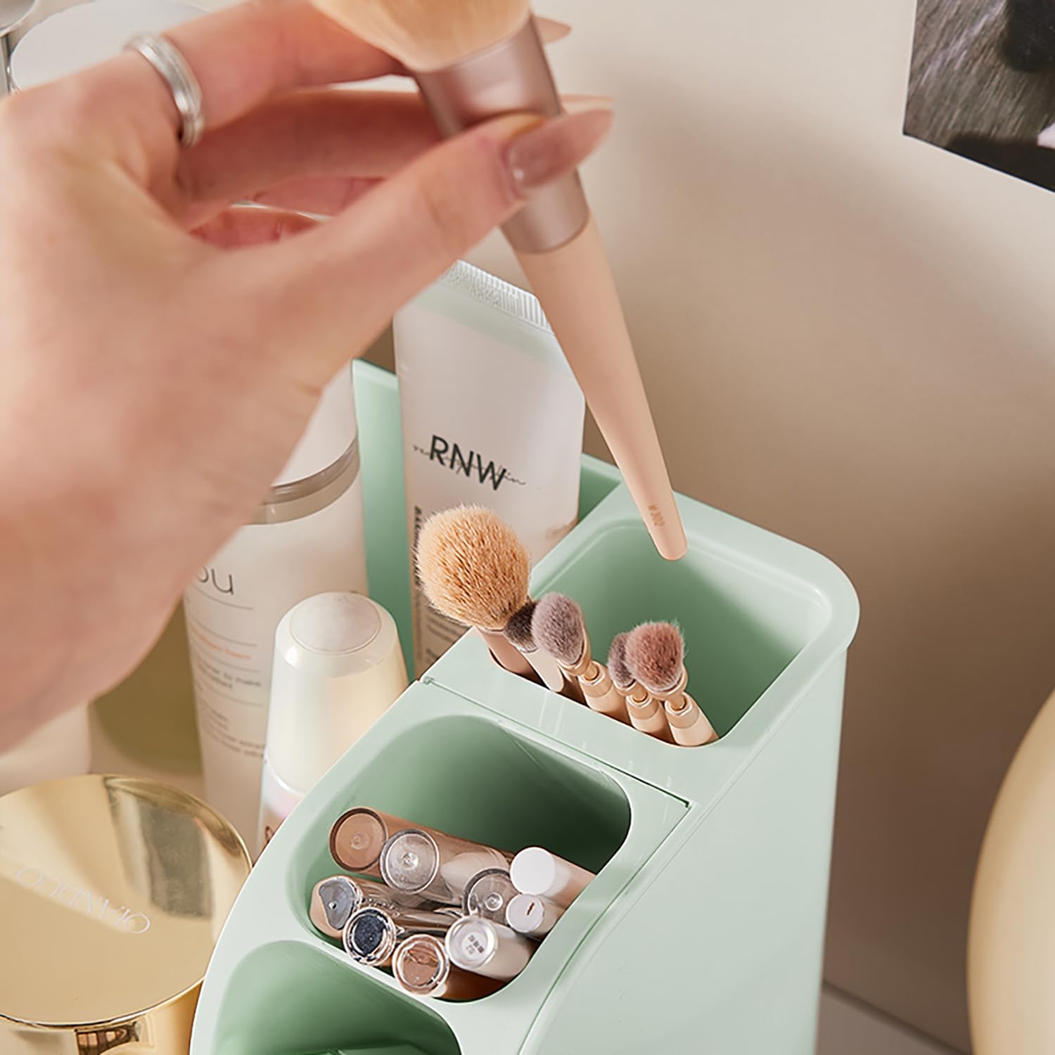 Makeup Organizer with Drawers for Vanity,Bathroom Countertop Organizer with Brushes Holder,Skincare Storage Organizer,Perfect Cosmetic Display Case for Skincare,Lipstick and Beauty Essential (Green)