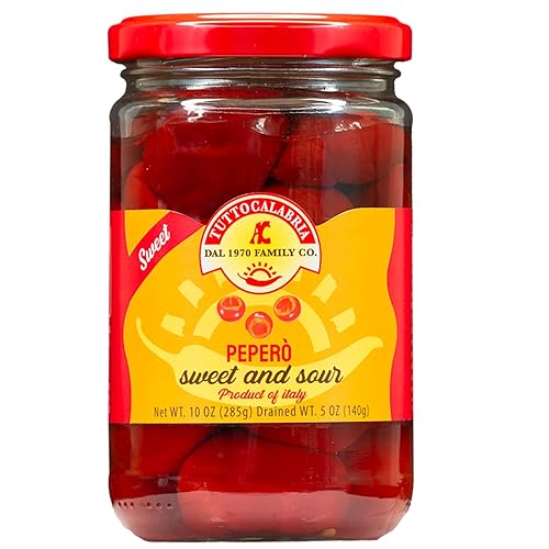 TUTTOCALABRIA Pepero' - Pimientos de cereza dulce, sin hueso, rellenables, 10 oz (285 g), producto de Italia