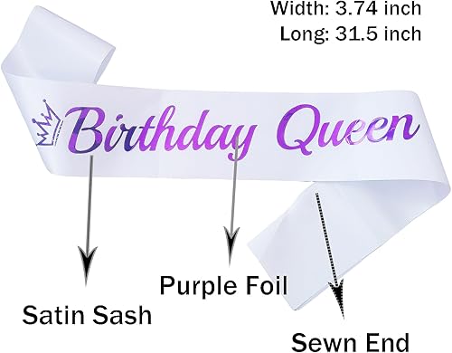 Miniatura 2 de Banda de cumpleaños Queen blanca, banda de cumpleaños de papel de aluminio morado para mujer, divertidas decoraciones de fiesta de cumpleaños, ideas