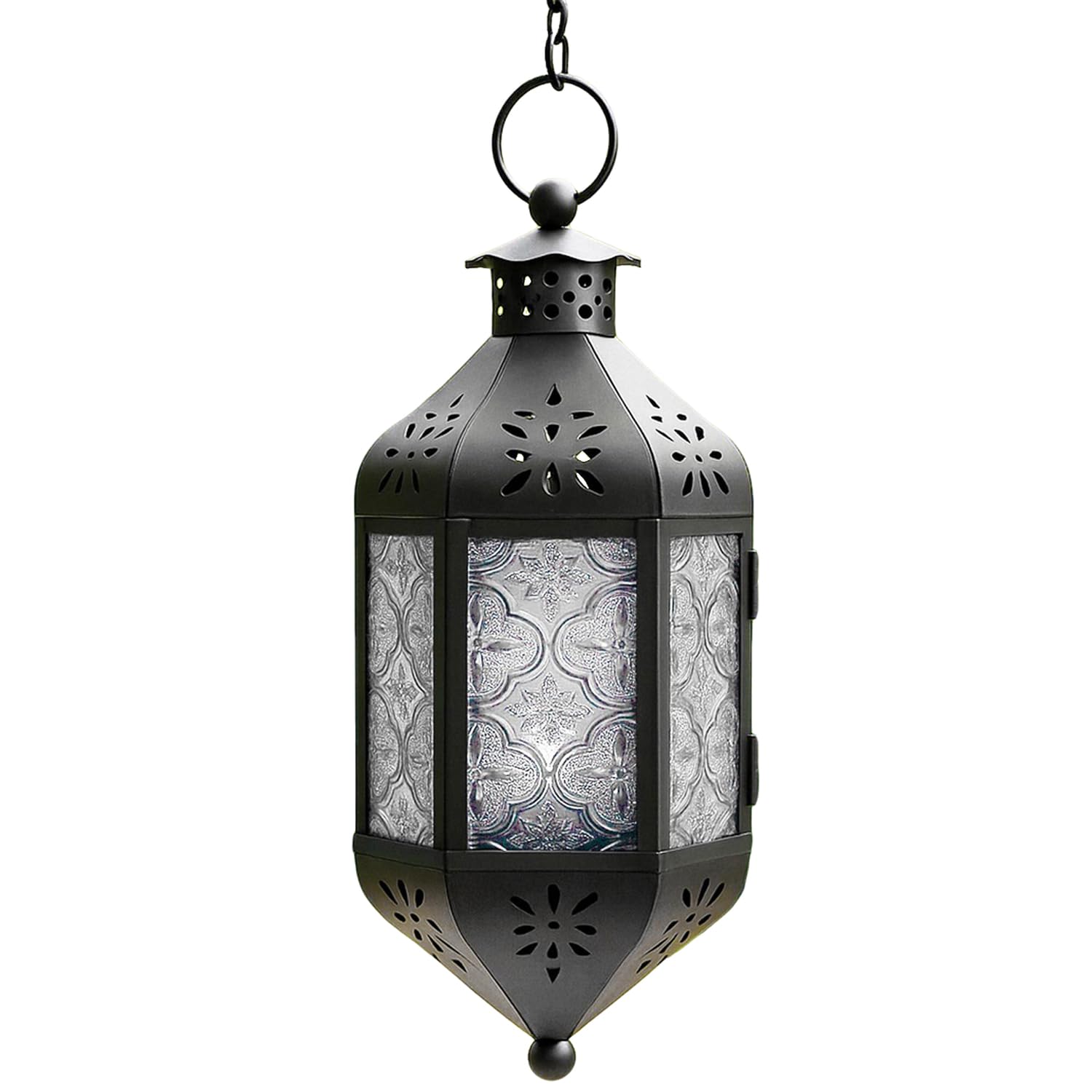 Vela Lanterns 11.5" Hanging Moroccan Decorative Candle Lantern Lamp – Indoor/Outdoor Tea Light Candle Holder for Patio, Porch, Ramadan or Home Decor, Frosted Clear