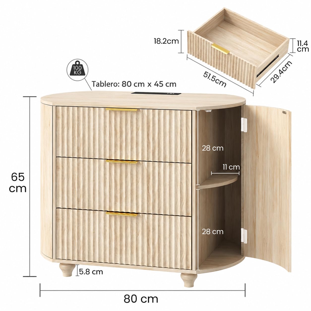 ZKIODV Ovalada Mesita de Noche con Enchufes, LED Mesita de Noche con 3 Cajones, Moderna Mesilla de Noche Grande, iluminación LED 3, USB y USB-C, Mesilla Madera Dormitorio, 65 x 80 x 45 cm (Roble)