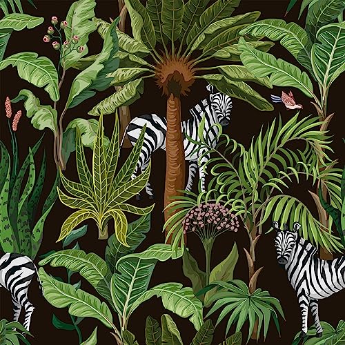VEELIKE Papel Pintado Pared Selva Tropical Hojas Palmera Papel Autoadhesivo Pared Flores Negro Cebra Fotomurales Decorativos Pared Baño Papel Adhesivo para Muebles Dormitorio Armarios 44.5cm×300cm